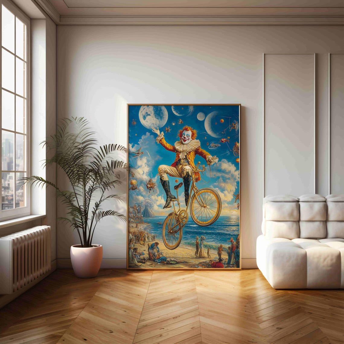 Surreal Clown Riding Bicycle Over Beach Moonscape Art Poster - Image 2