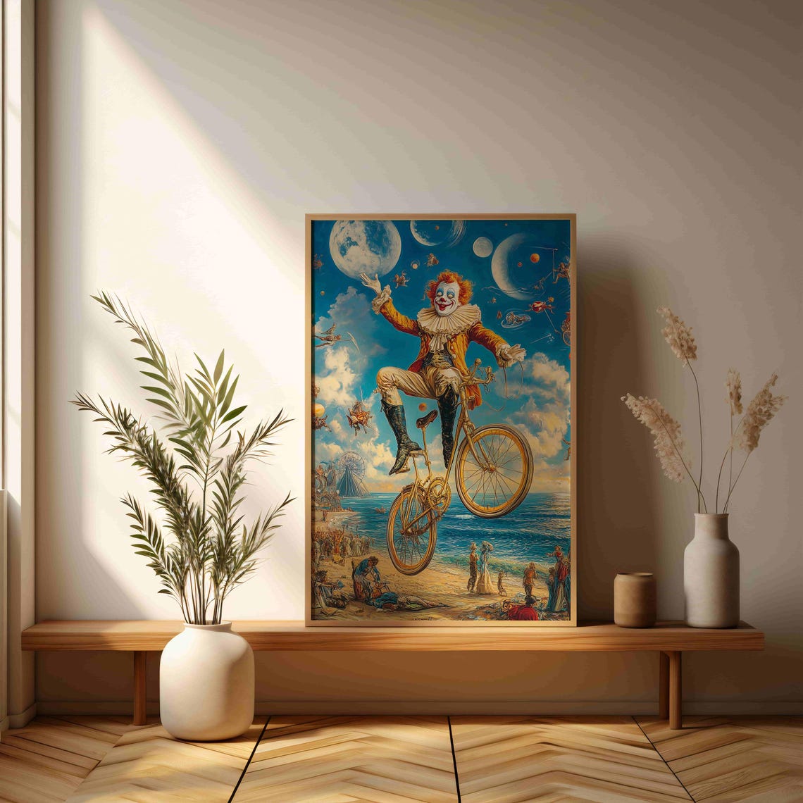 Surreal Clown Riding Bicycle Over Beach Moonscape Art Poster - Image 3