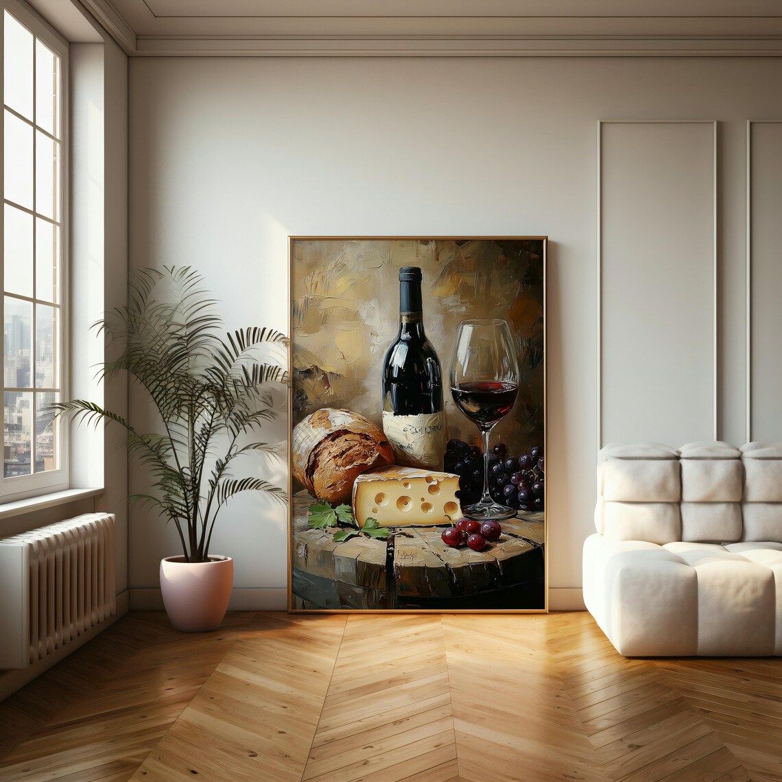 Red Wine Bottle Glass Bread And Cheese Still Life Rustic Oil Painting Poster - Image 2