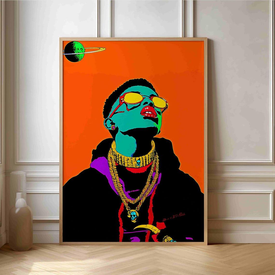 Pop Art Portrait Man With Gold Chains Orange Background Art Print