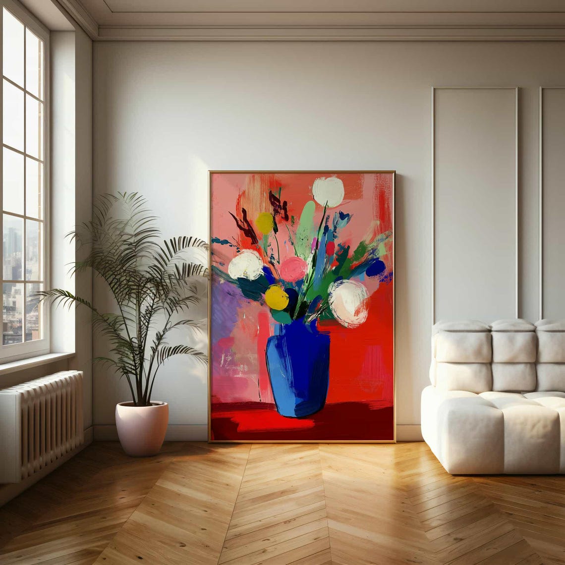 Abstract Flower Bouquet in Blue Vase Bold Brushstroke Art Poster - Image 2