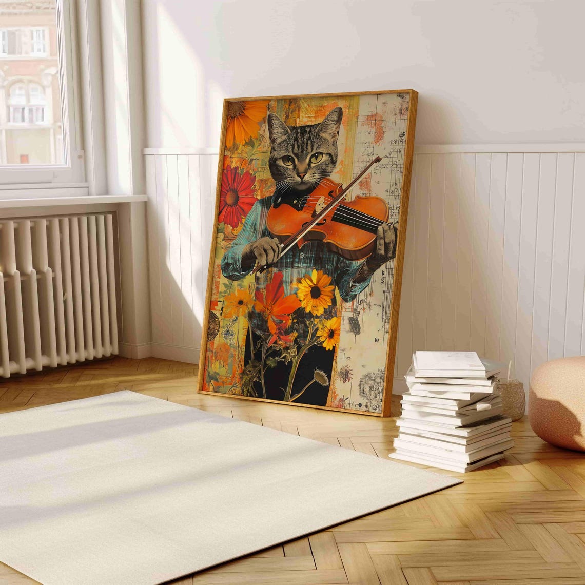 Tabby Cat Playing Violin with Sunflowers Whimsical Collage Poster Art - Image 5