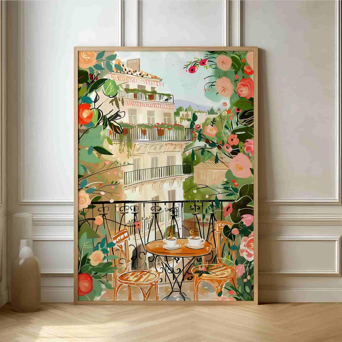 Parisian Flower Balcony Morning Coffee Romantic Cityscape Poster