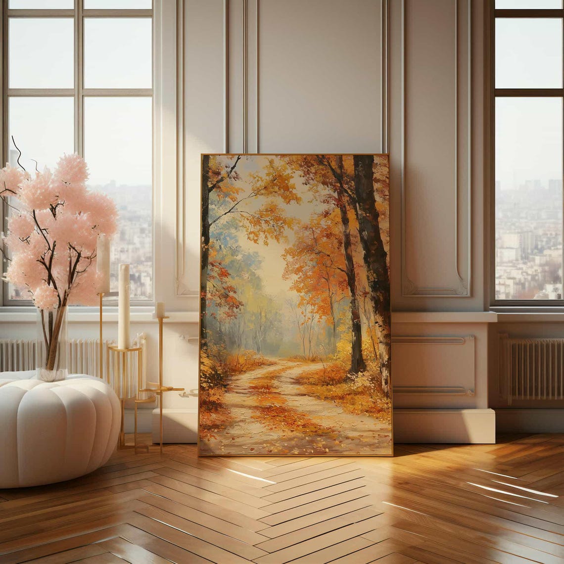 Golden Autumn Forest Path With Falling Leaves Oil Painting Poster - Image 4