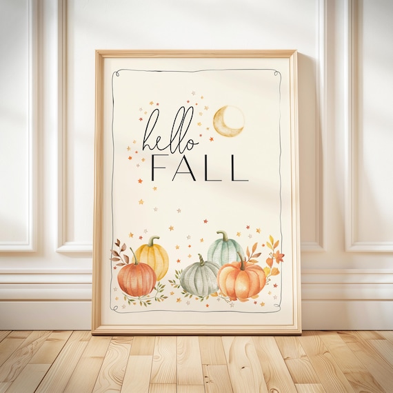 Hello Fall Watercolor Pumpkins Moon Stars Autumn Decor Poster