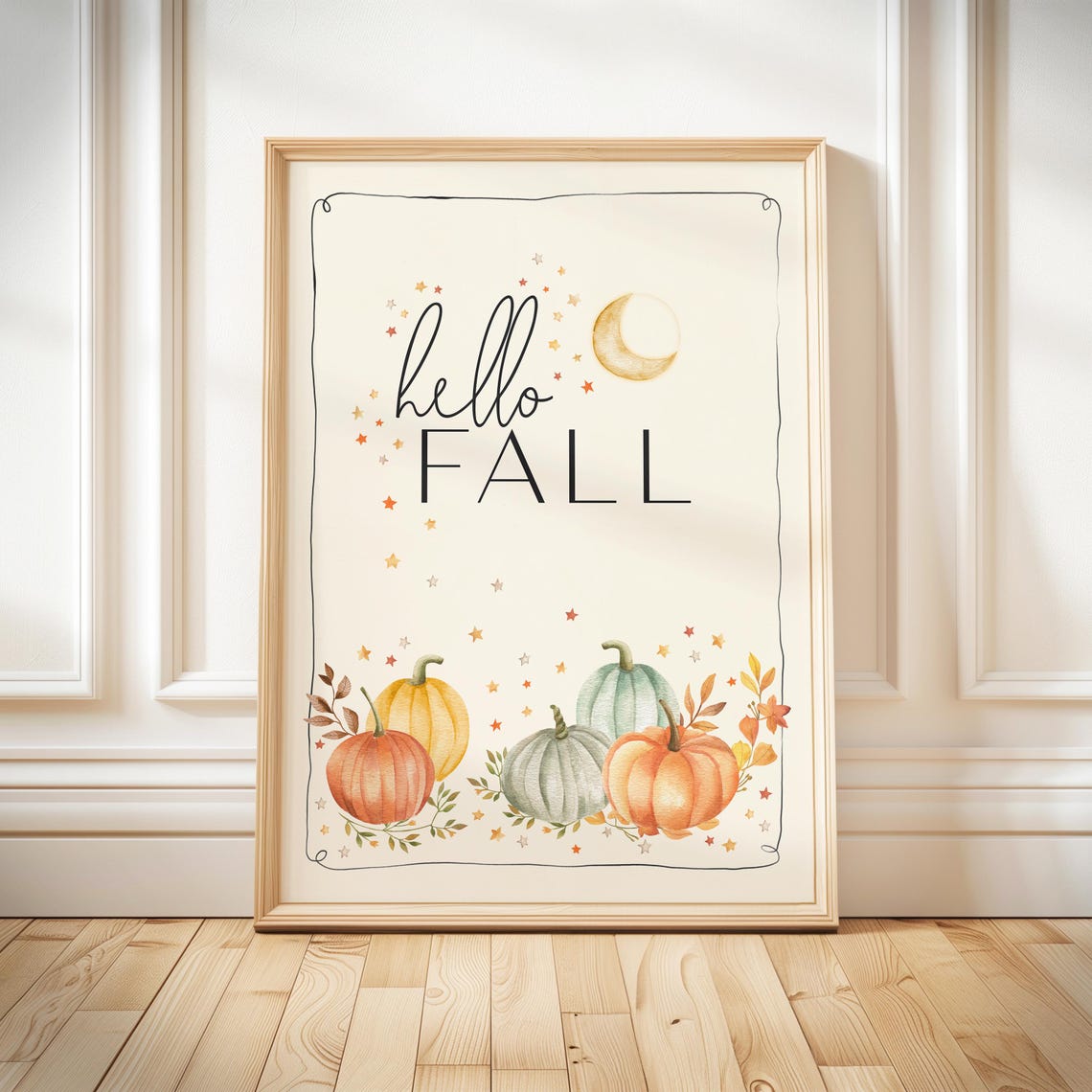 Hello Fall Watercolor Pumpkins Moon Stars Autumn Decor Poster