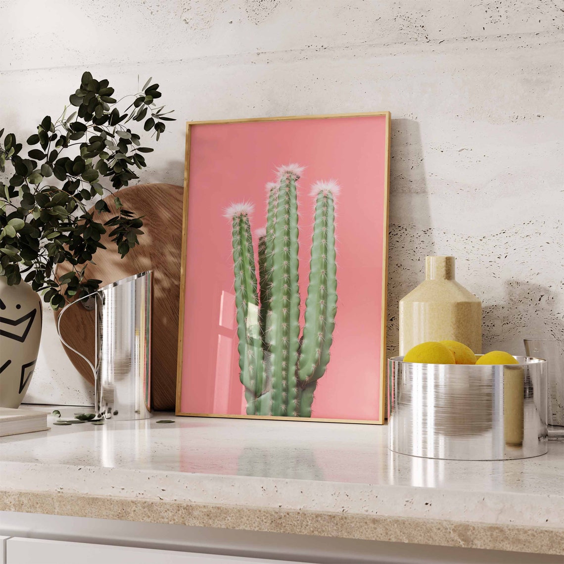 Column Cactus with White Fuzzy Crowns on a Pink Background Poster - Image 2
