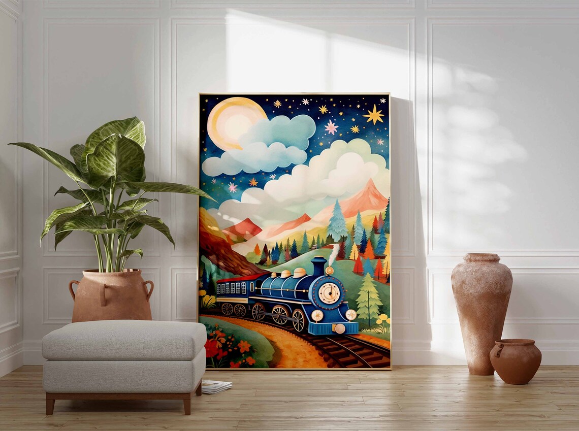 Vintage Blue Steam Locomotive Moonlit Night Forest Stars Poster - Image 3