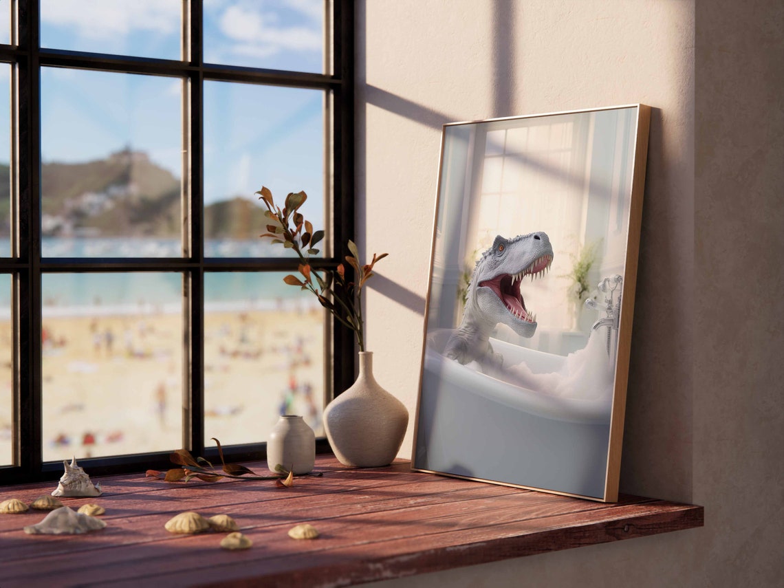 Playful Baby Dinosaur Roaring Loudly In A White Bubble Bath Poster - Image 2