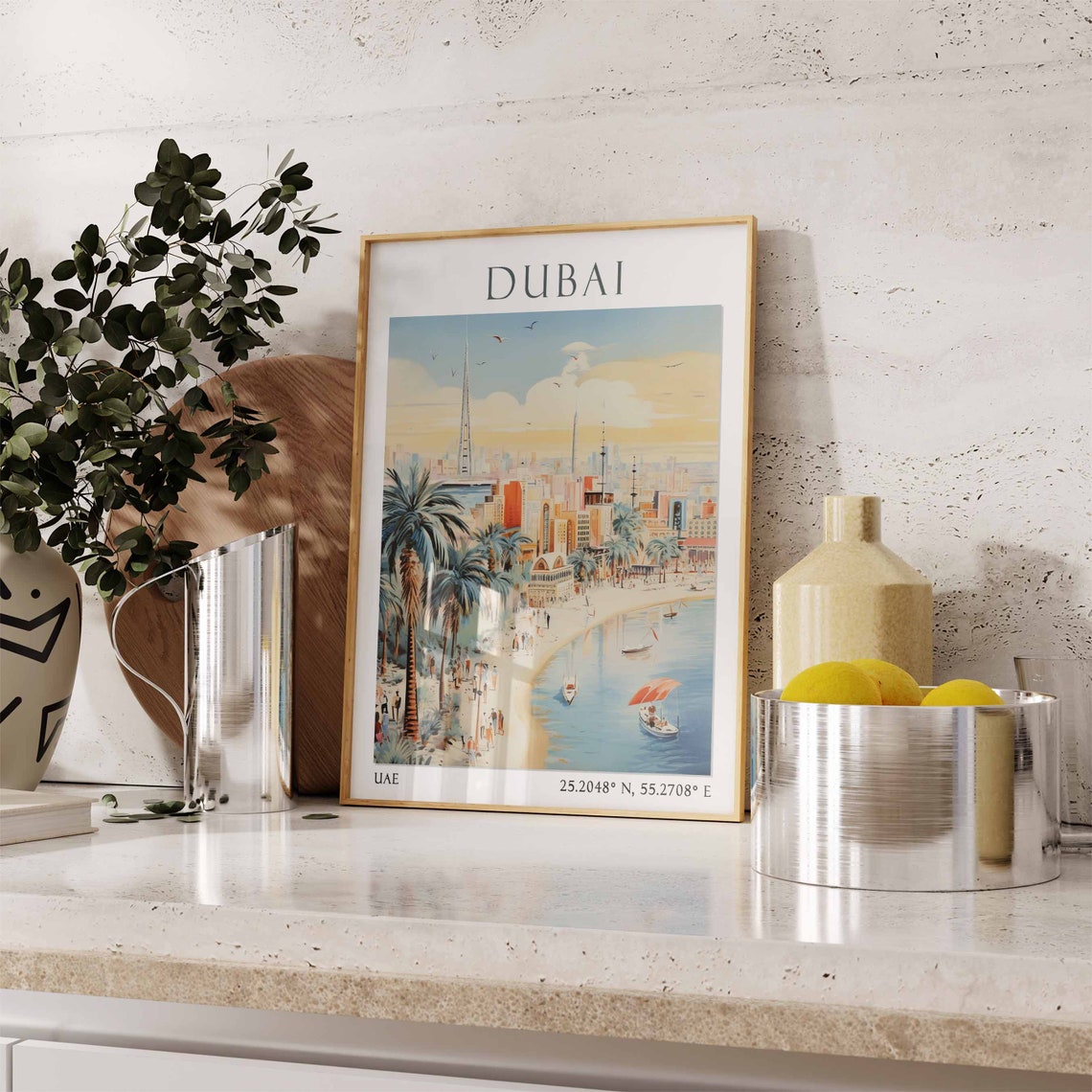 Dubai Beach Palm Trees with Sailboats and Skyline Poster Art - Image 3
