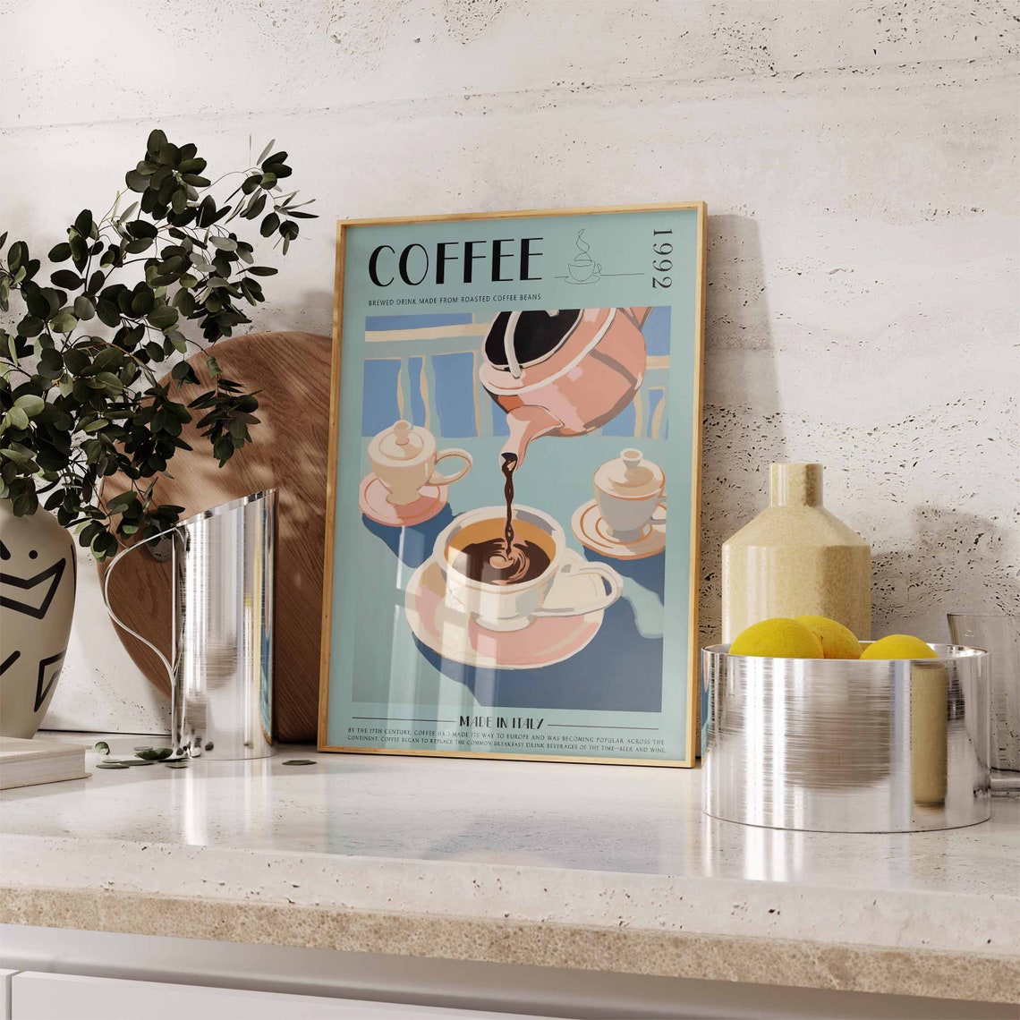 Coffee 1992 Copper Teapot Pouring Blue Background Retro Poster - Image 2
