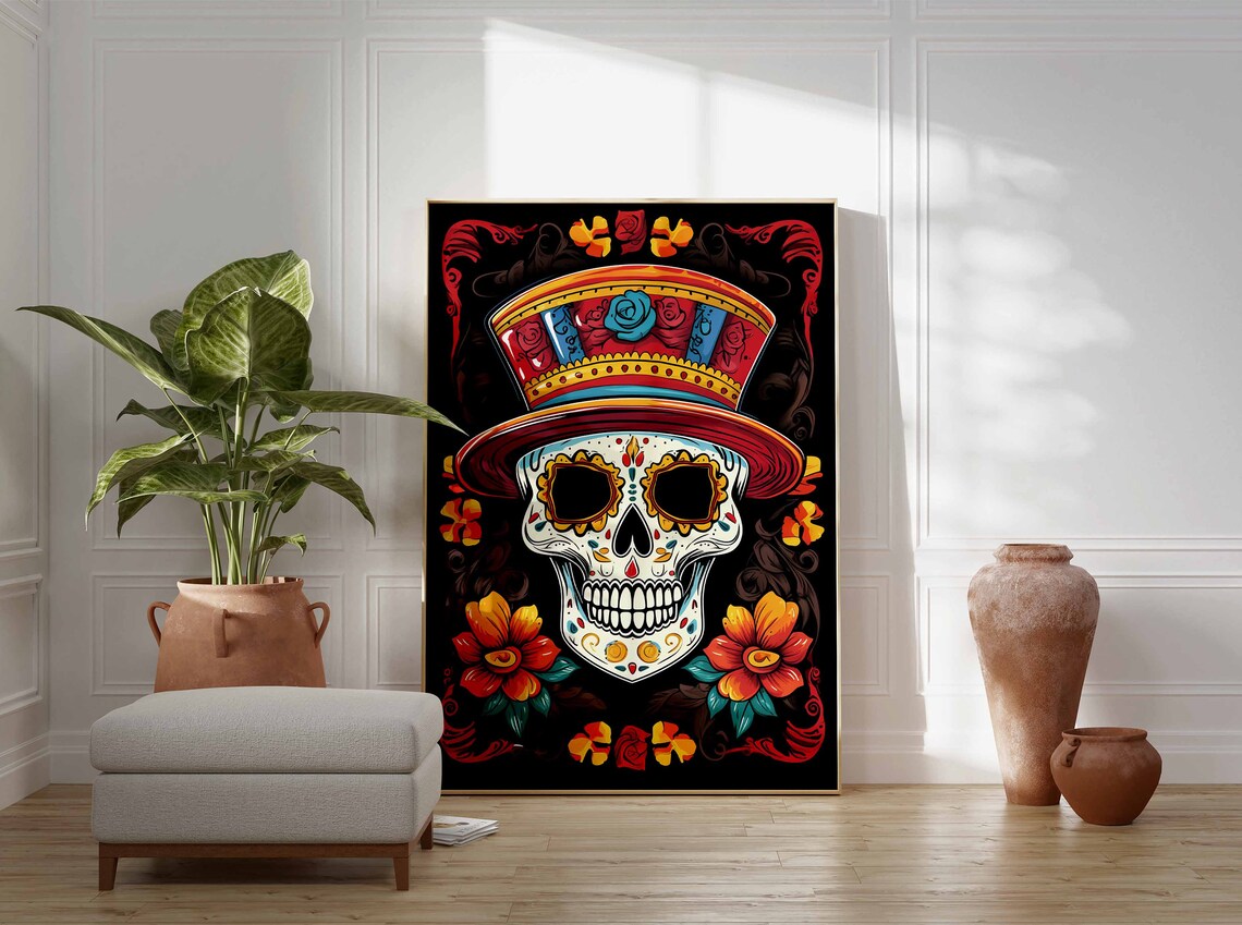Sugar Skull Gentleman Top Hat Marigold Black Ornamental Poster - Image 3