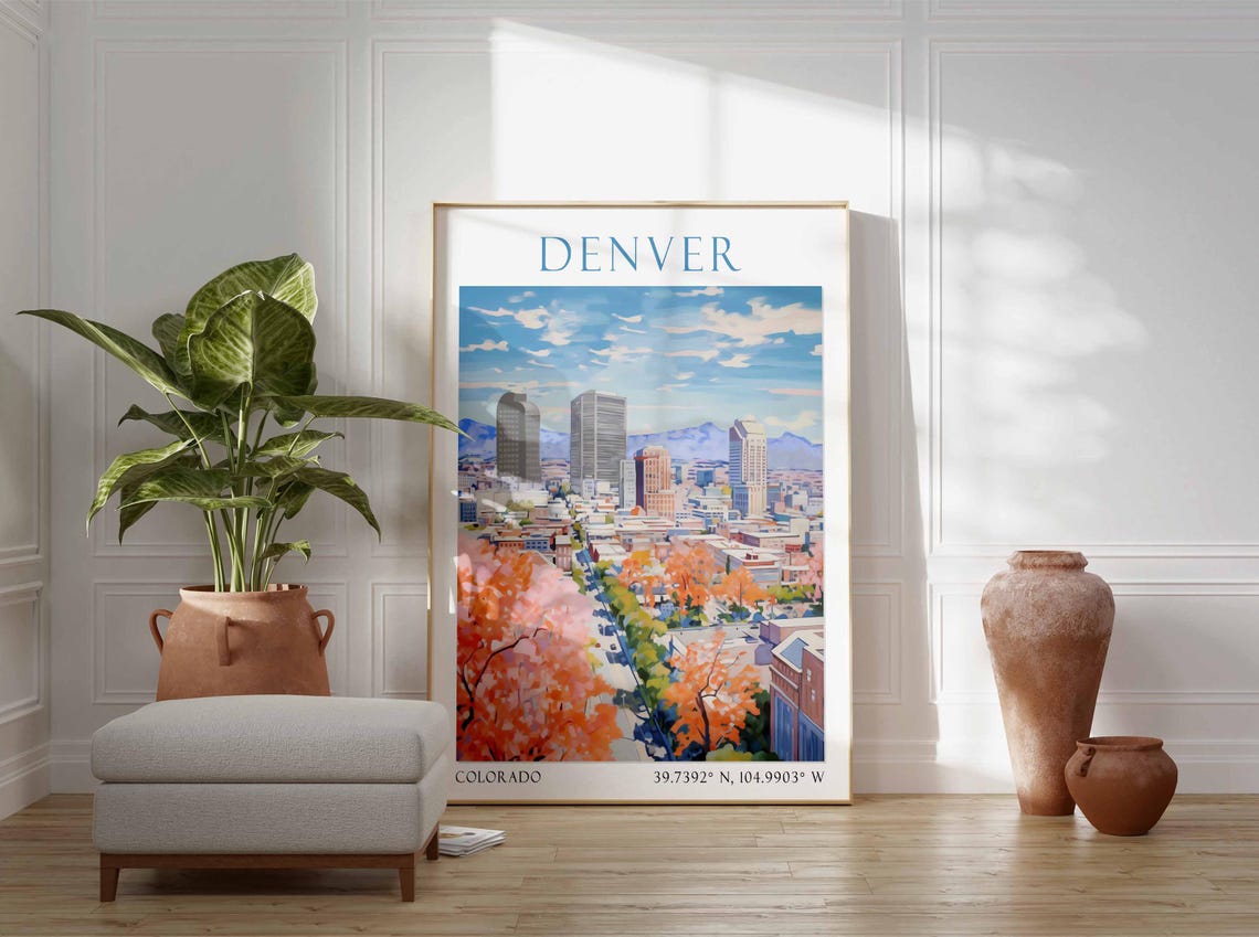 Denver Colorado Autumn Skyline with Rocky Mountains View Poster - Image 2