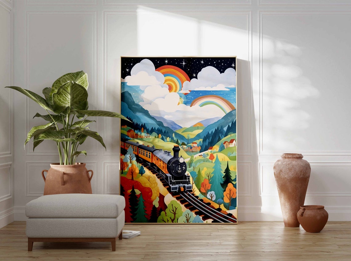 Steam Train Night Autumn Mountains Double Rainbow Starry Poster - Image 2