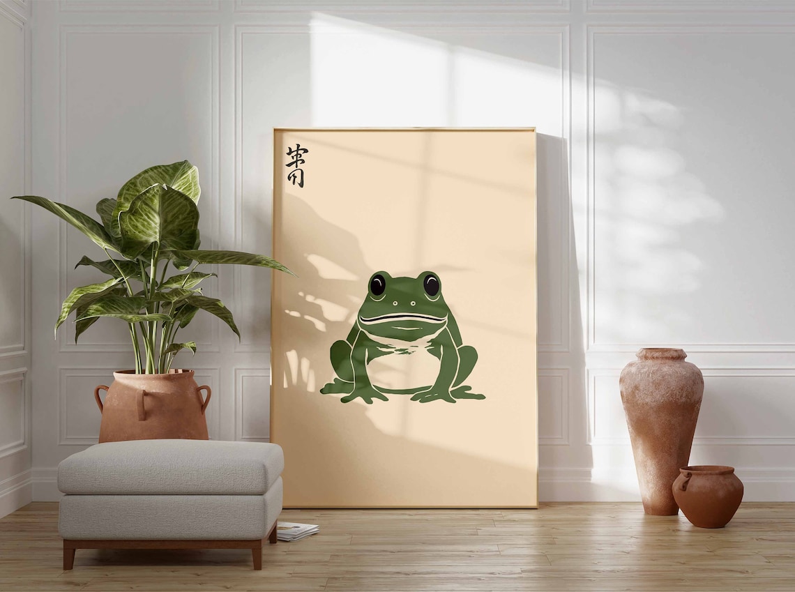 Japanese Frog Woodblock Style Classic Green Frog Kanji Stamp Poster - Image 2