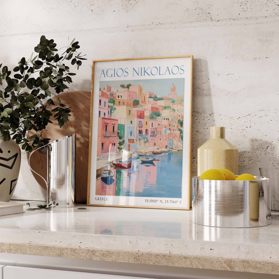 Agios Nikolaos Crete Greece Pastel Harbor Village Waterfront Poster - Image 2