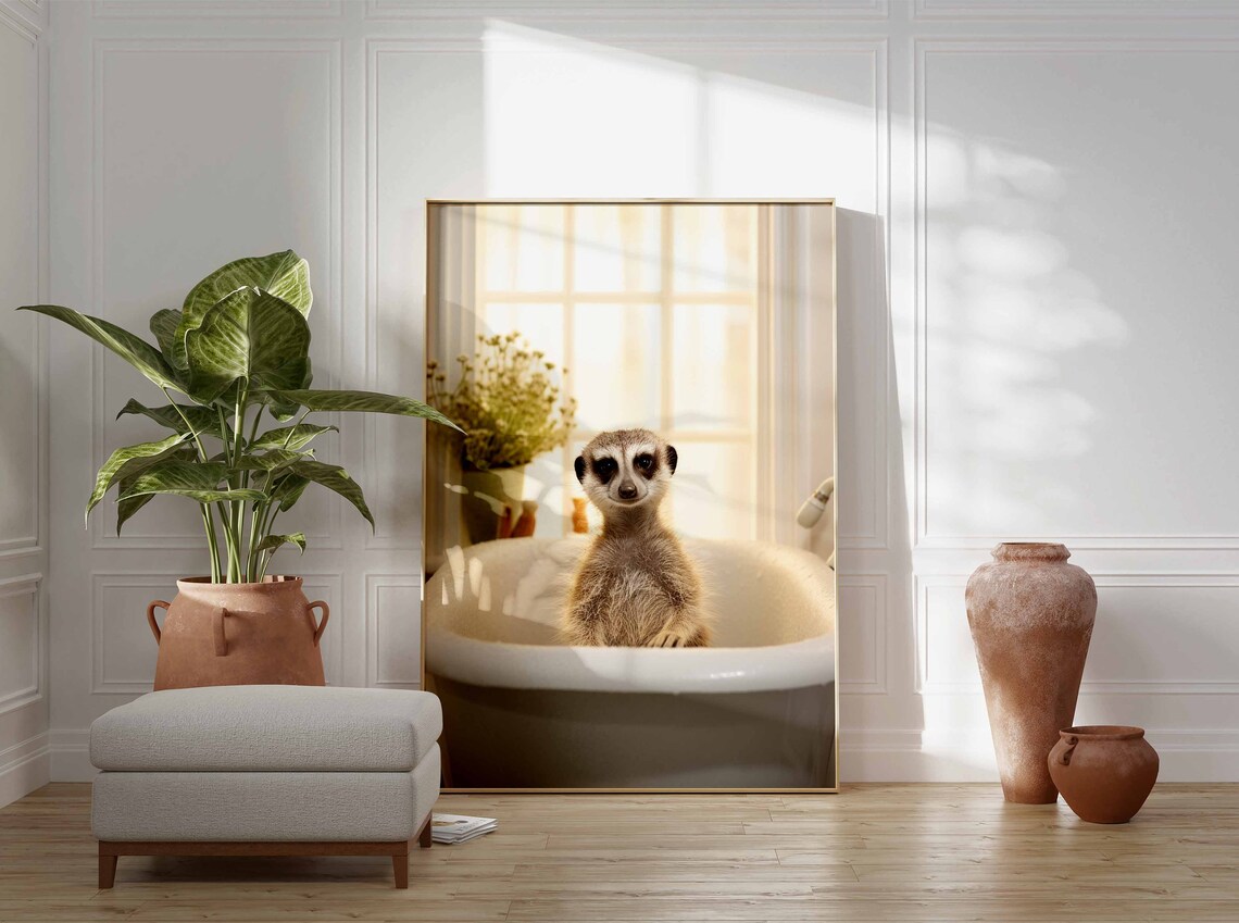 Curious Baby Meerkat Sitting Upright In A White Bathtub Poster - Image 3