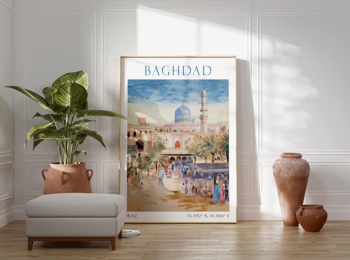 Baghdad Iraq Blue Dome Mosque Palm Street Market Scene Poster - Image 3