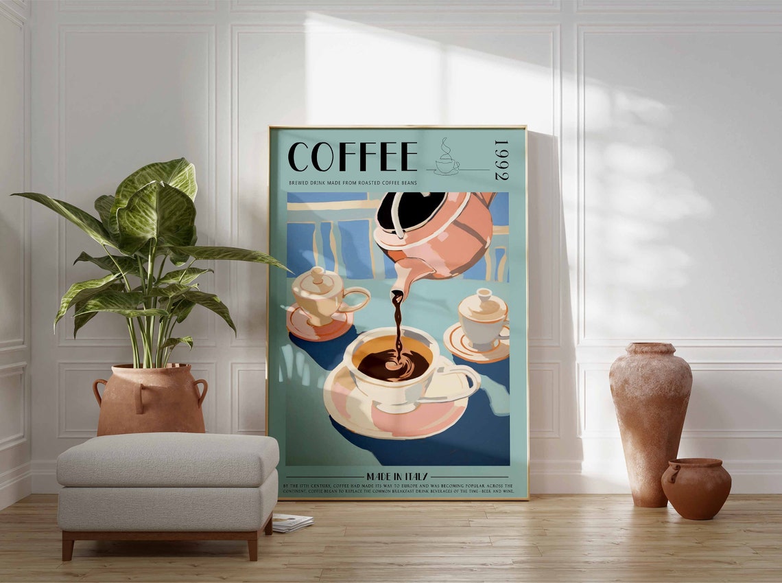 Coffee 1992 Copper Teapot Pouring Blue Background Retro Poster - Image 3
