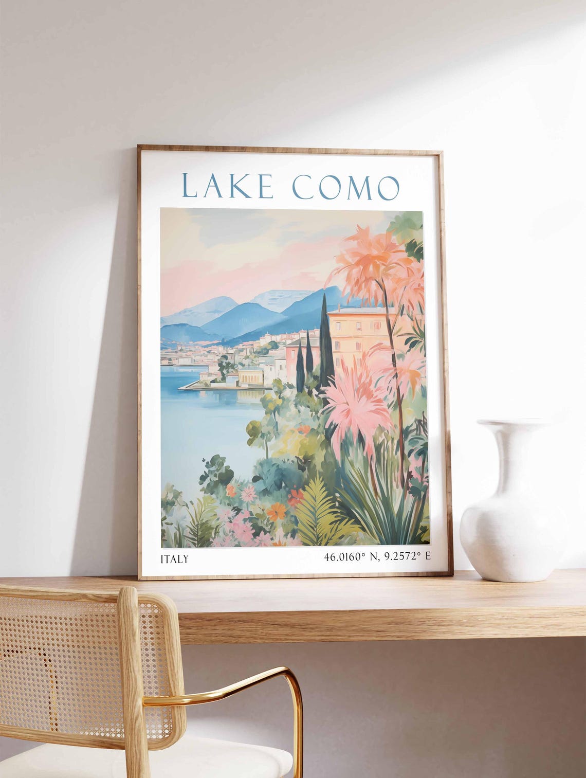 Lake Como Italy Lakeside Gardens Villa Mountains Travel Poster