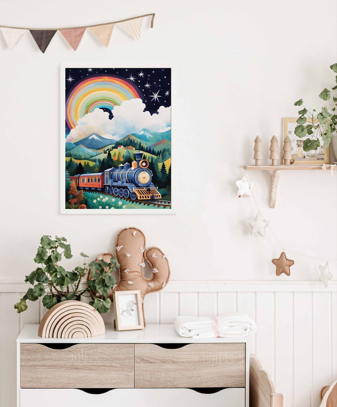 Blue Steam Locomotive Rainbow Starry Night Daisy Meadow Poster - Image 3