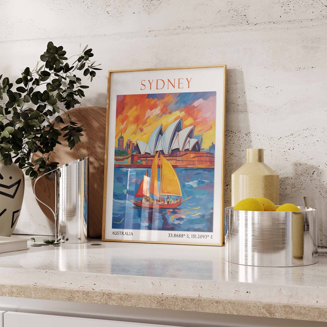 Sydney Opera House Fiery Sunset Sail Watercolor Travel Poster - Image 3