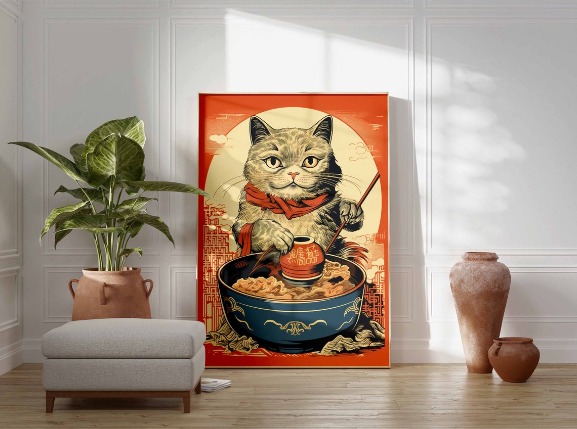 Japanese Cat Cooking Ramen Pot Vintage Ukiyo-E Chef Gift Poster - Image 2