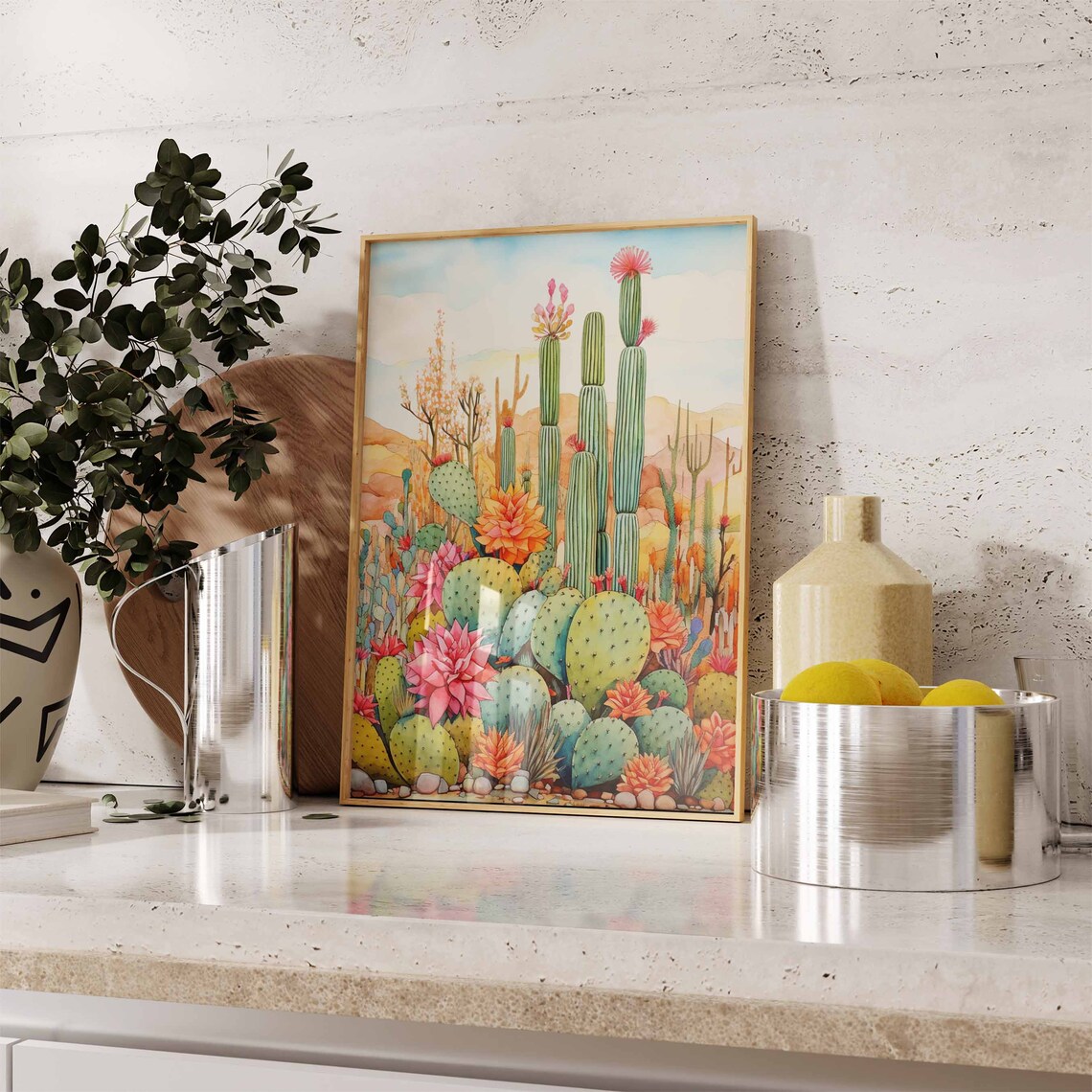 Watercolor Desert Garden with Flowering Cacti and Succulents Poster - Image 2
