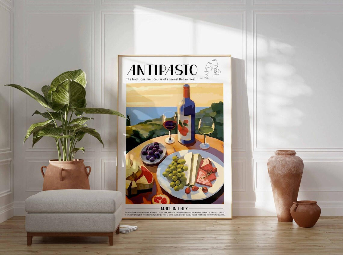 Italian Antipasto Red Wine Glasses Sunset Terrace Food Poster - Image 2