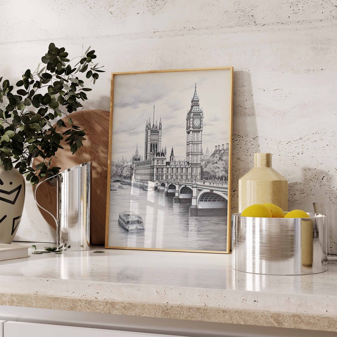 London Big Ben Pencil Sketch Black and White Thames River Wall Art - Image 2
