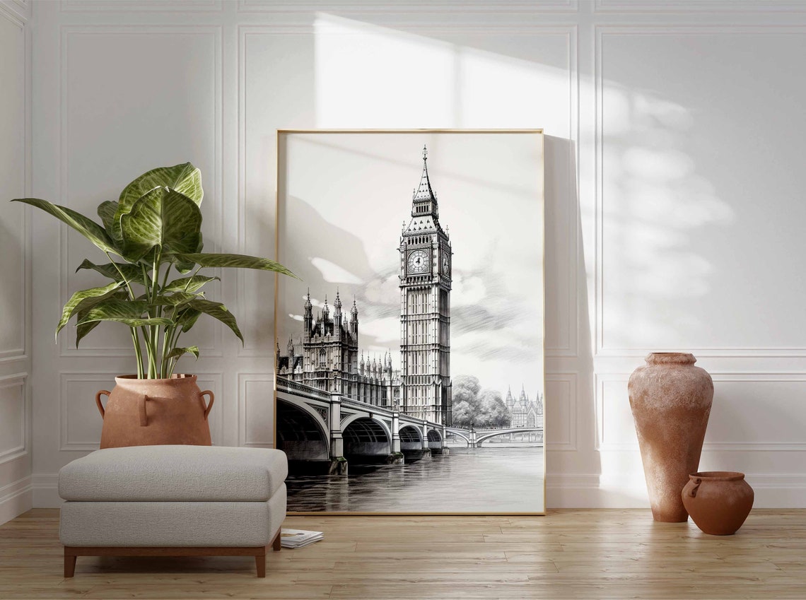 Big Ben Tower and Westminster Bridge Monochrome Sketch Poster - Image 3