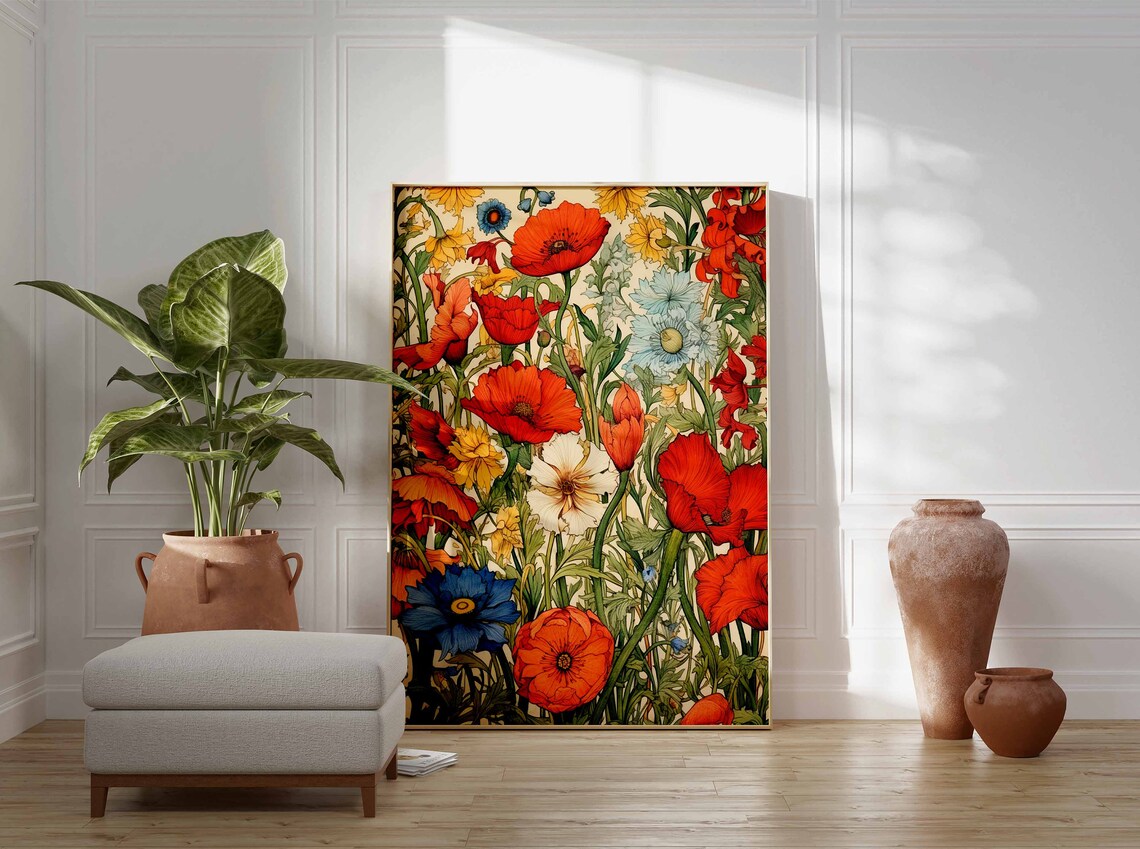 Red Poppy And Cornflower Art Nouveau Wildflower Meadow Poster - Image 2