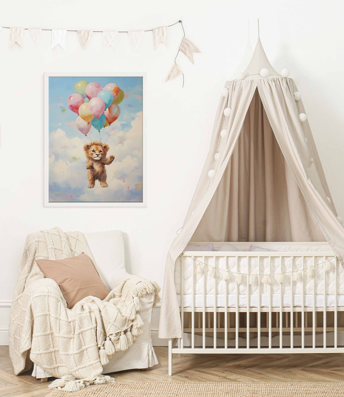 Lion Cub Floating with Pastel Balloons Safari Nursery Poster - Image 2