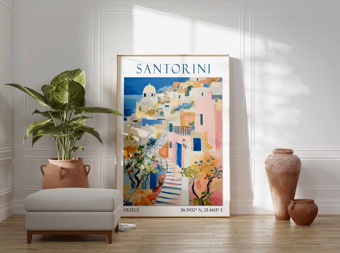 Santorini Village Alley Blue Stairs Sea Watercolor Travel Poster - Image 2