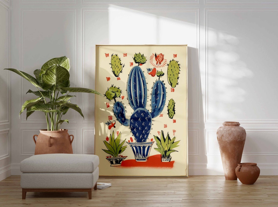 Retro Blue Prickly Pear Cactus Poster with Vintage Red Stamp Art - Image 3