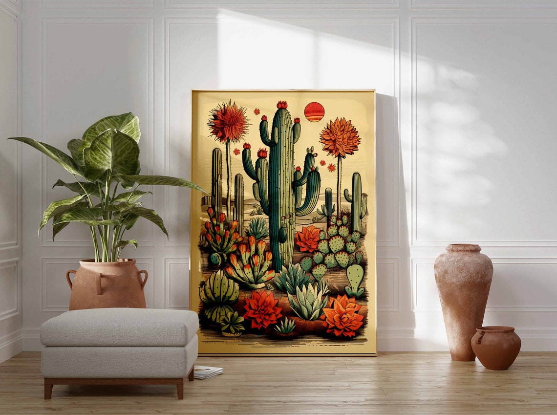 Antique Engraved Tall Saguaro Desert Cacti Red Sun Botanical Poster - Image 3