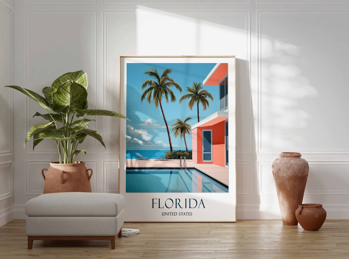 Florida United States Modern Villa Pool Palms Ocean View Poster - Image 2