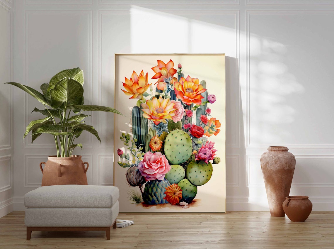 Watercolor Prickly Pear Cactus with a Pink Rose Bouquet Poster - Image 3