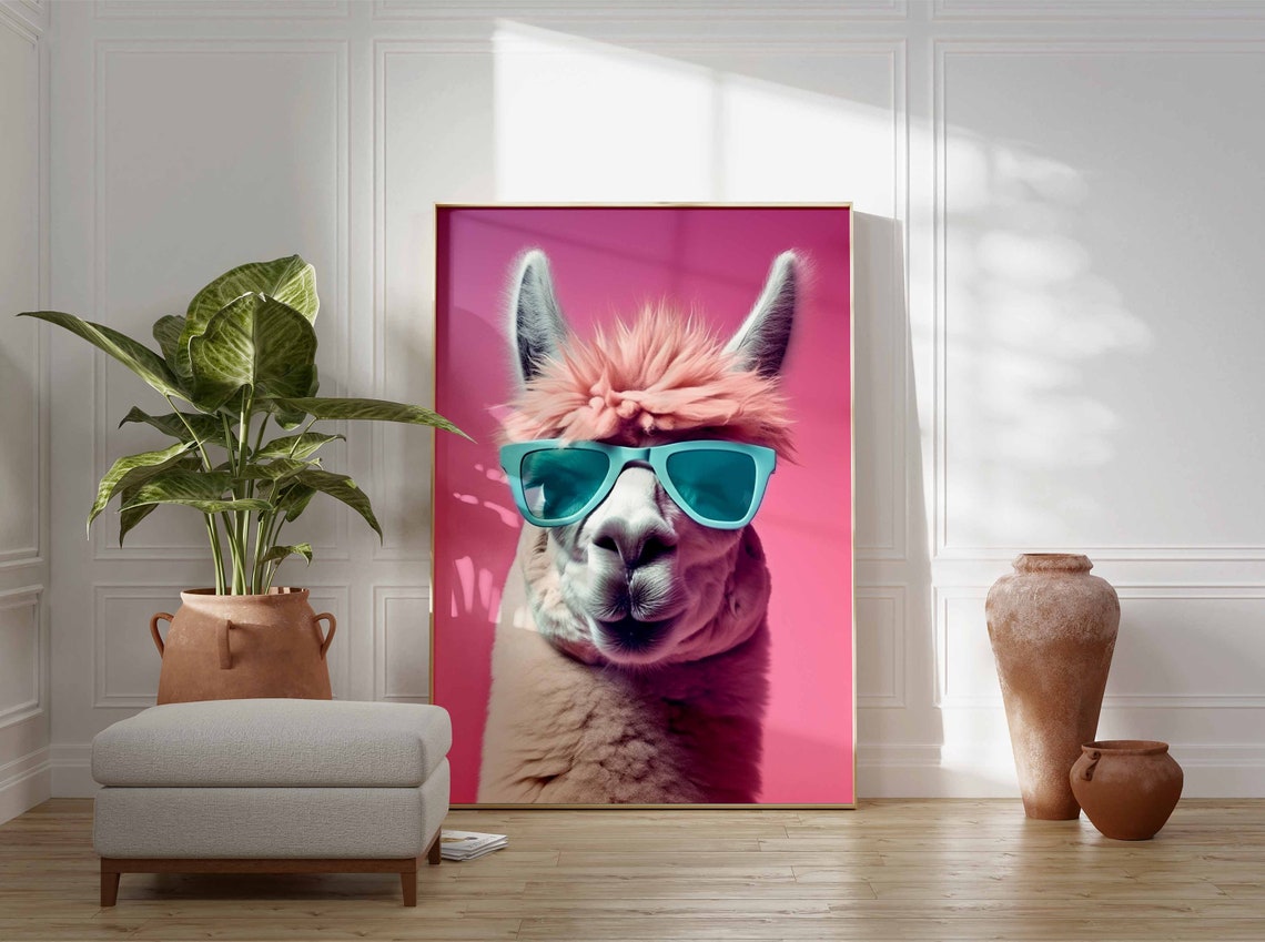 Fluffy Llama Wearing Teal Sunglasses on a Pink Background Poster - Image 3