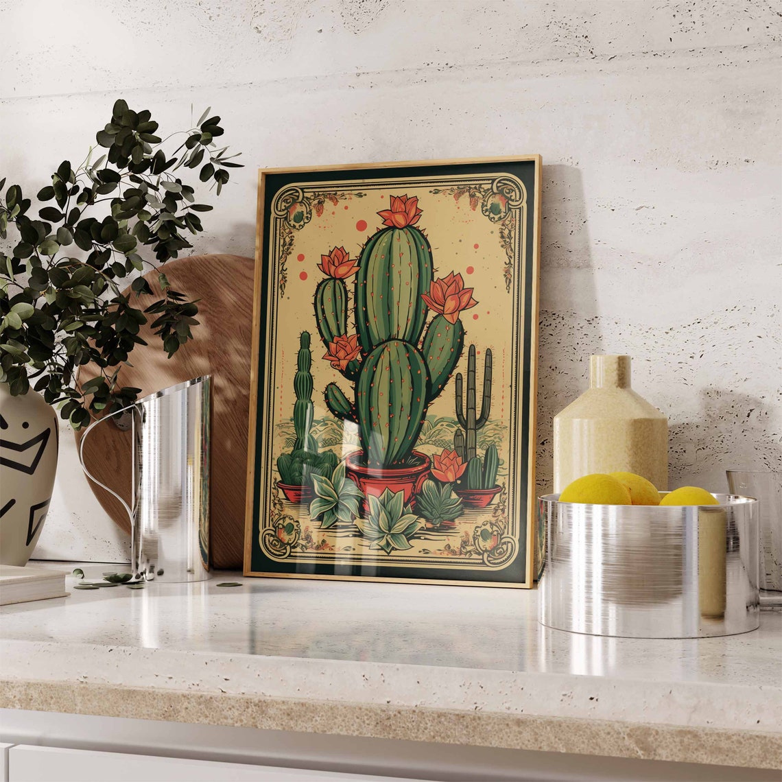 Rustic Blooming Prickly Pear Cactus Ornate Border Mexican Wall Art - Image 2