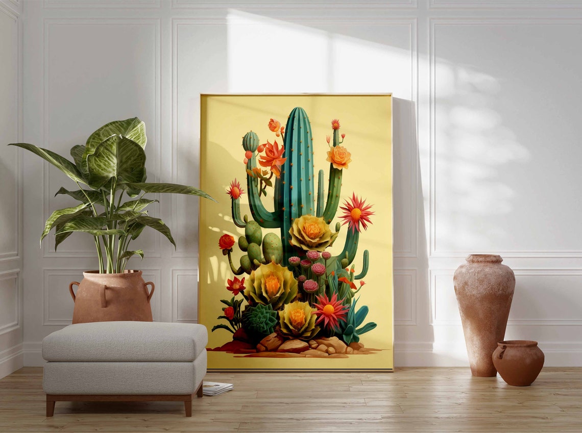 Flowering Saguaro Cactus with Succulents on a Bright Yellow Poster - Image 3