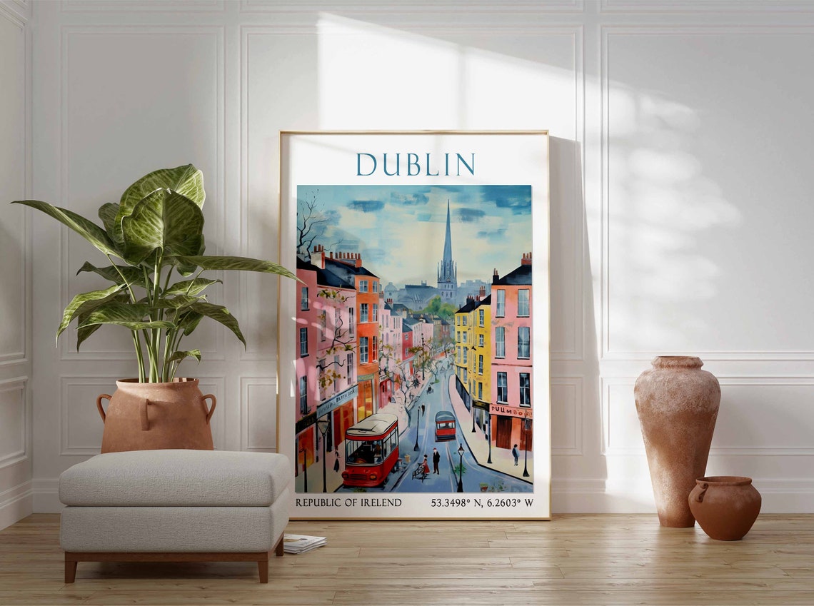 Dublin Busy Street with Red Buses and Colorful Houses Poster Art - Image 2