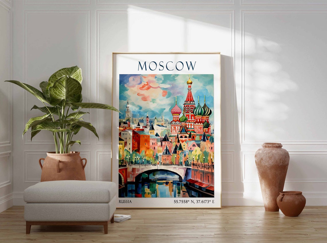 Moscow Travel Poster of Saint Basils Cathedral Watercolor Russia - Image 2