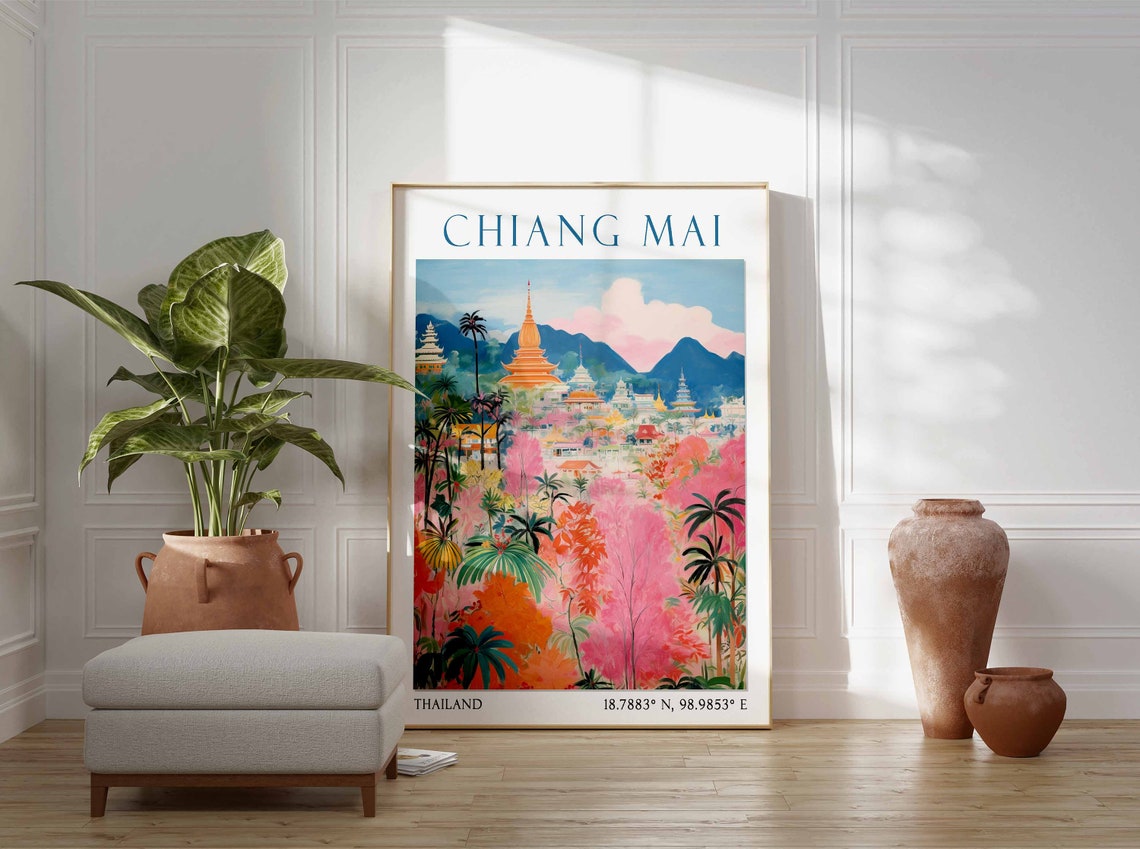 Chiang Mai Temples Among Pink Flowering Trees Thailand Poster - Image 2