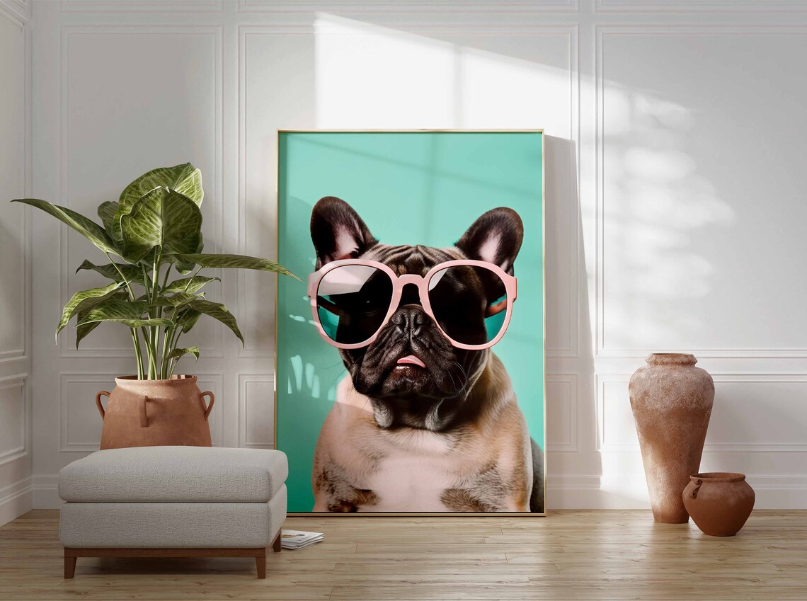 French Bulldog Puppy in Pink Sunglasses on Teal Background Poster - Image 3
