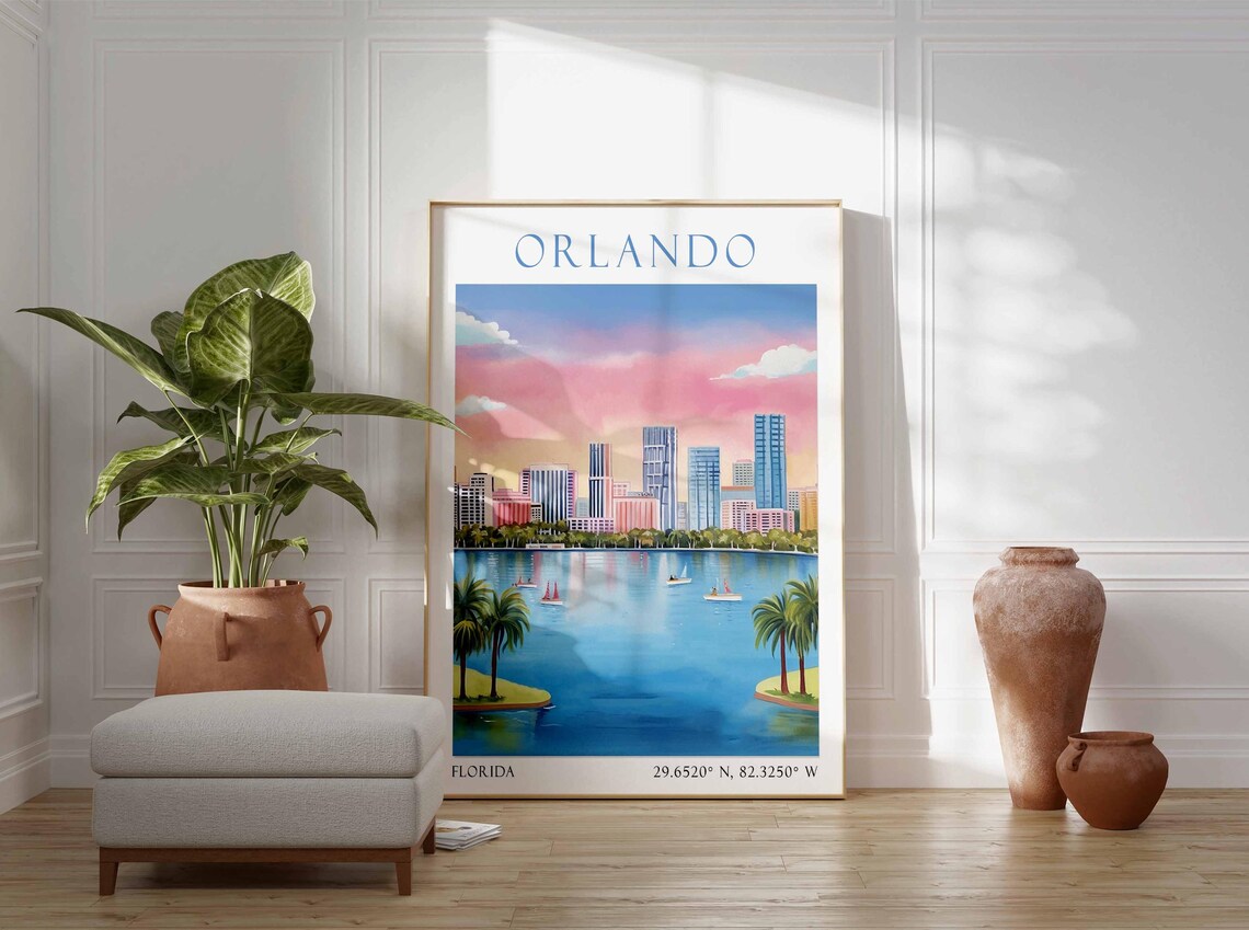 Orlando Florida Lake Skyline Sunset Sailboats Palm Trees Travel Poster - Image 2