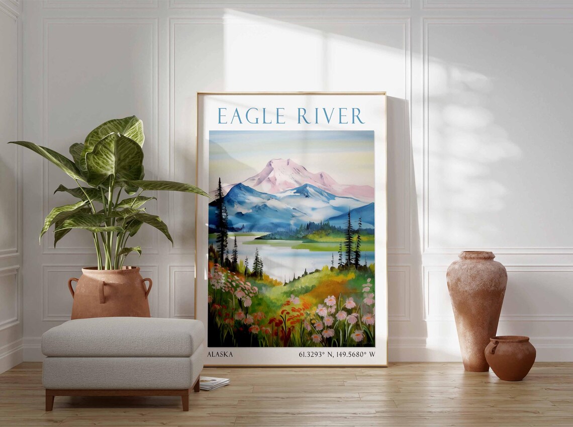 Eagle River Alaska Snow Mountain Lake Wildflowers Nature Travel Poster - Image 3