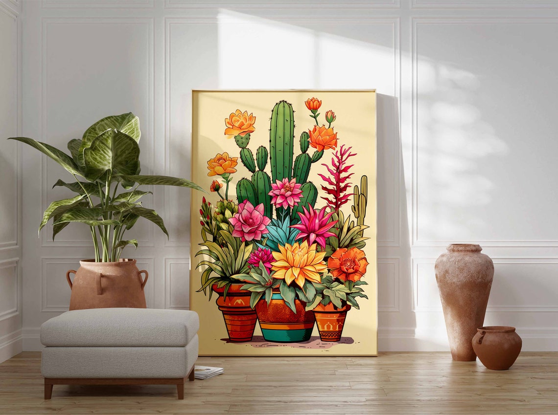 Potted Cactus Trio Terracotta Pots Blooming Desert Botanical Print - Image 3