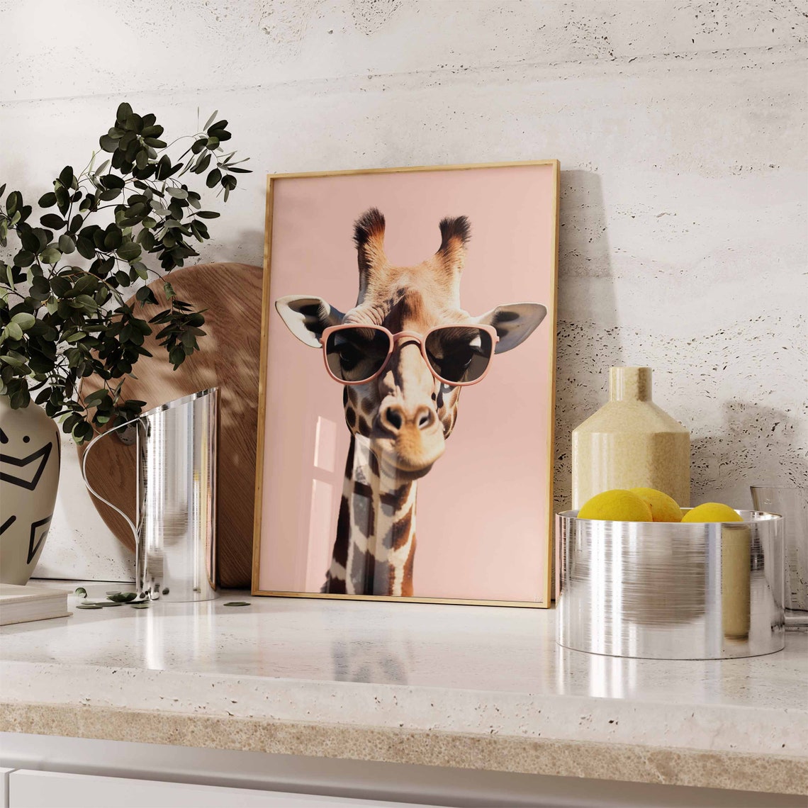 Sweet Giraffe Wearing Pink Sunglasses on Blush Background Poster - Image 2