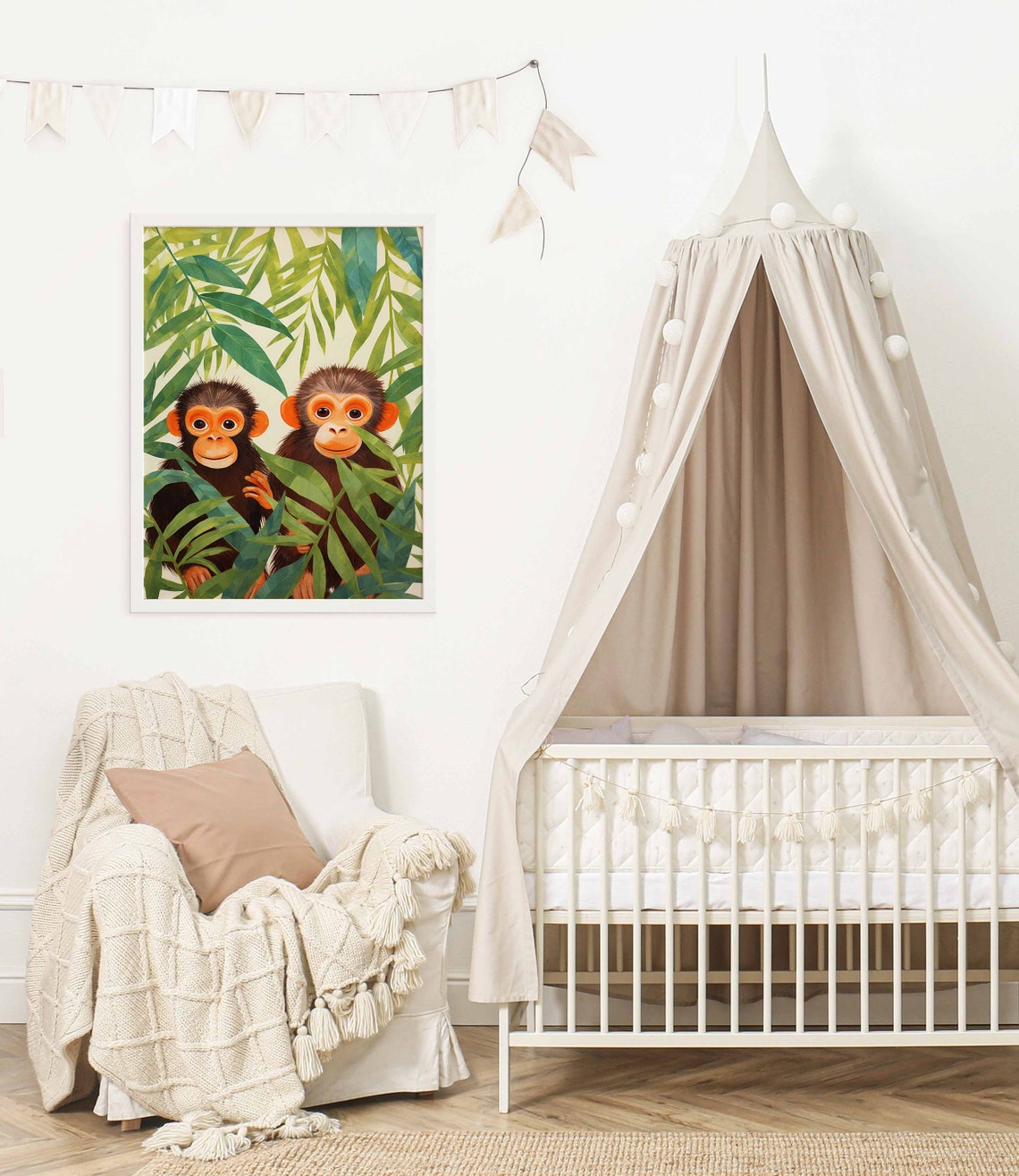 Two Curious Monkeys Peeking Through Palm Leaves Poster Nursery - Image 2